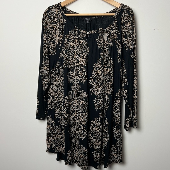 Lucky Brand Black & Tan Print Peasant Boho Tunic Blouse 3/4 Sleeve NEW - Picture 1 of 13